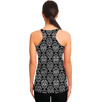 Black And White Calavera Skull Print Women's Racerback Tank Top