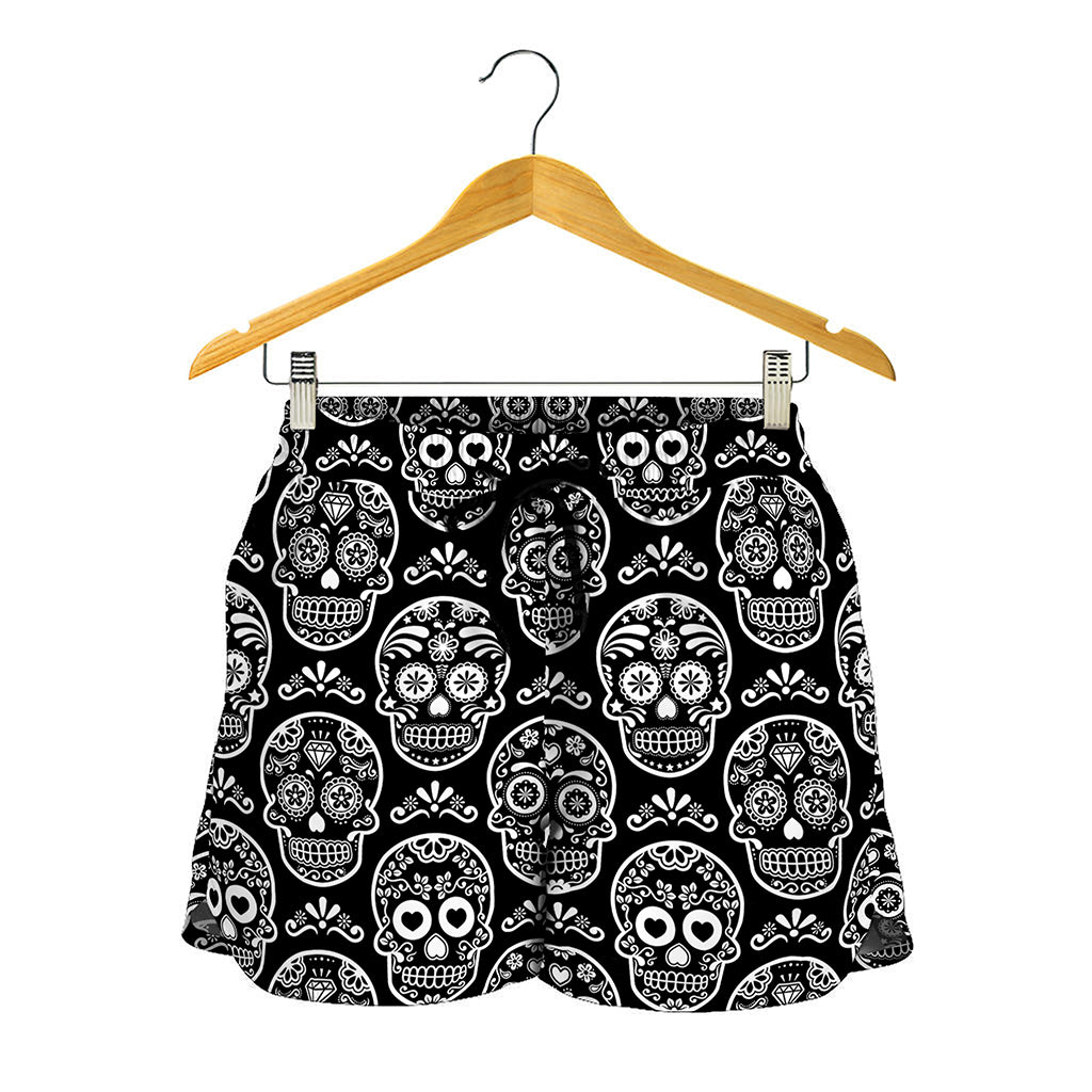 Black And White Calavera Skull Print Women's Shorts