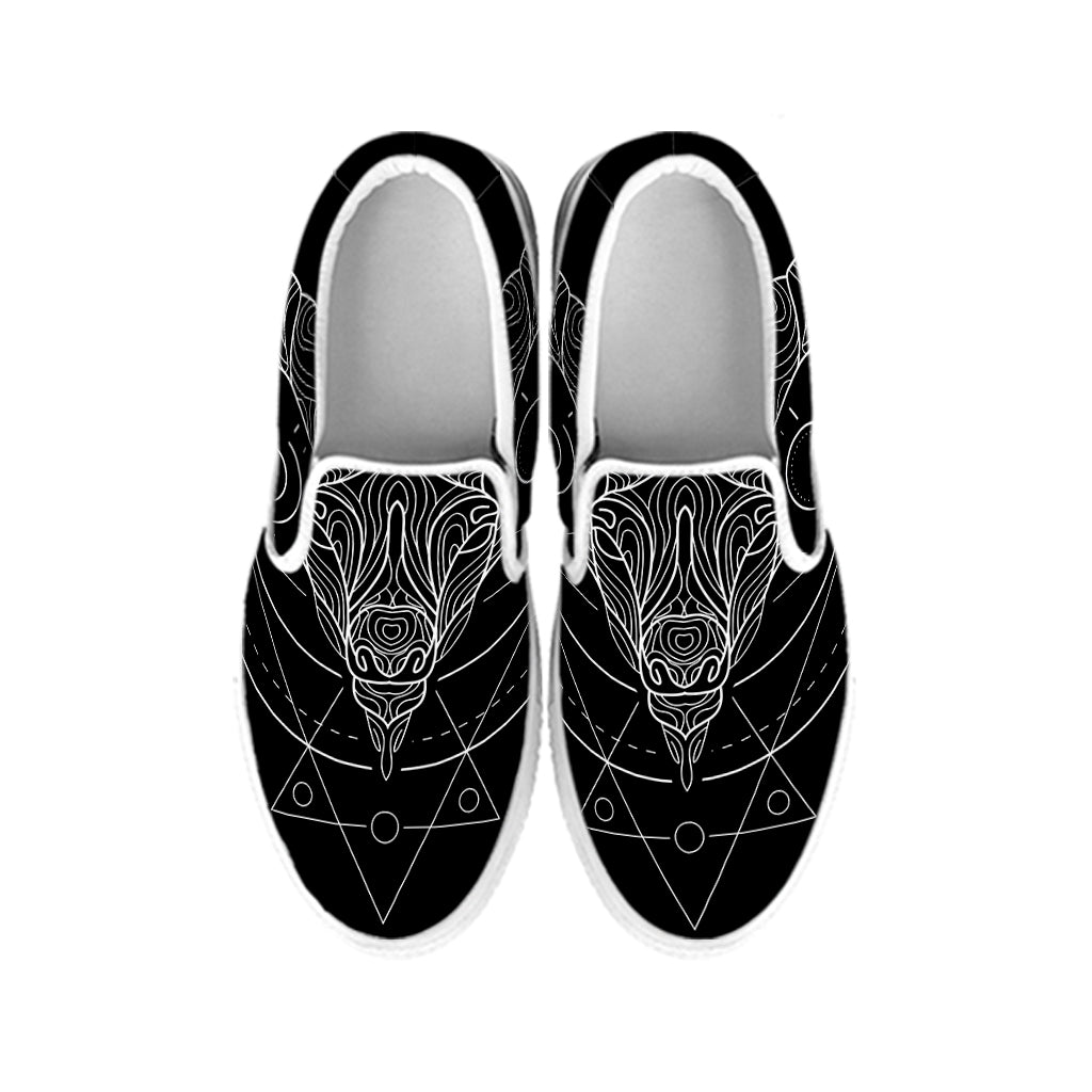 Black And White Capricorn Sign Print White Slip On Shoes