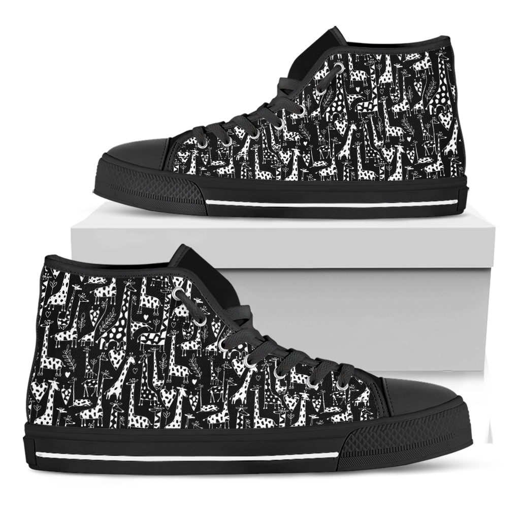 Black And White Cartoon Giraffe Print Black High Top Shoes