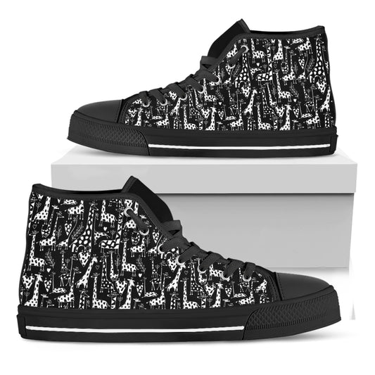 Black And White Cartoon Giraffe Print Black High Top Shoes