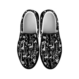 Black And White Cartoon Giraffe Print Black Slip On Shoes