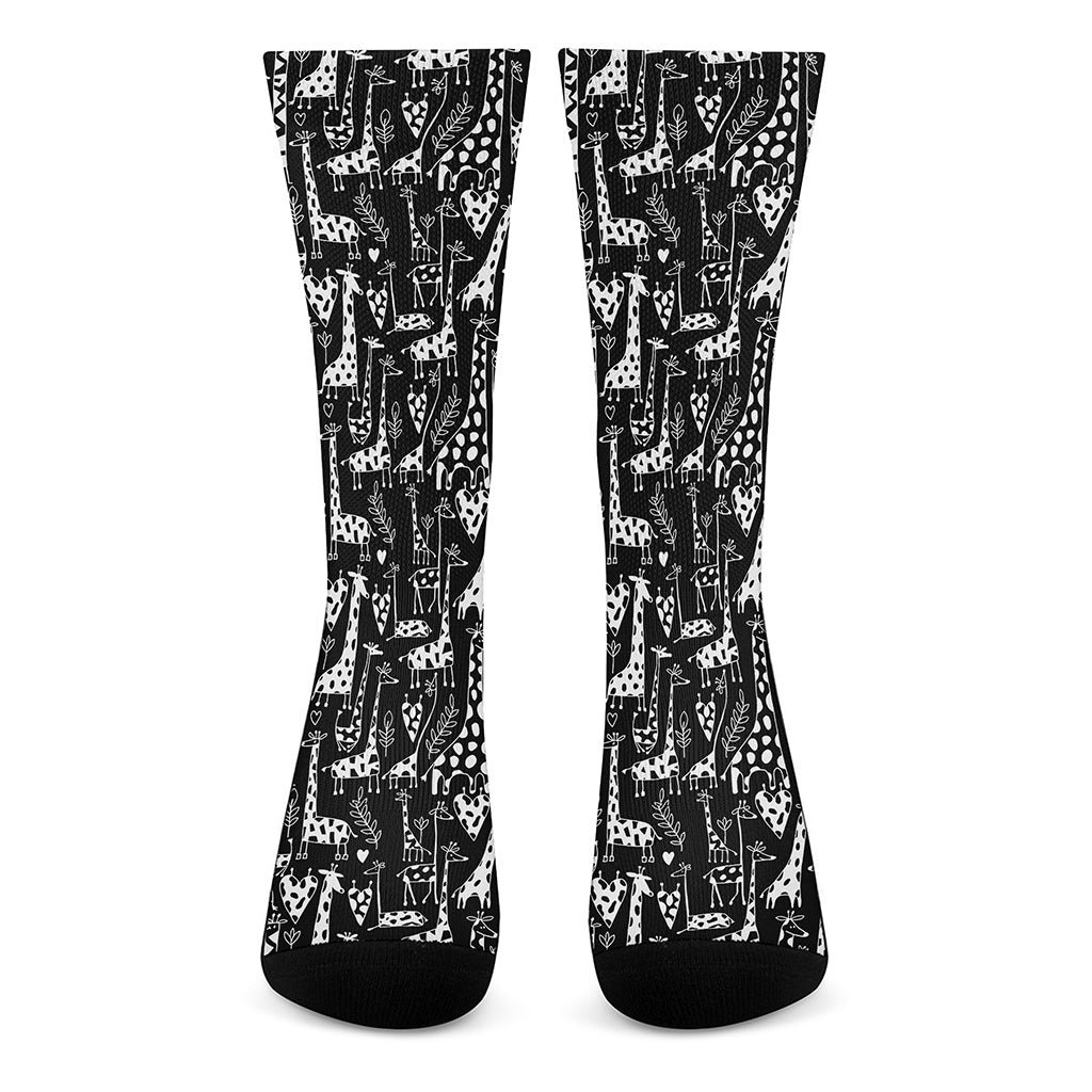 Black And White Cartoon Giraffe Print Crew Socks