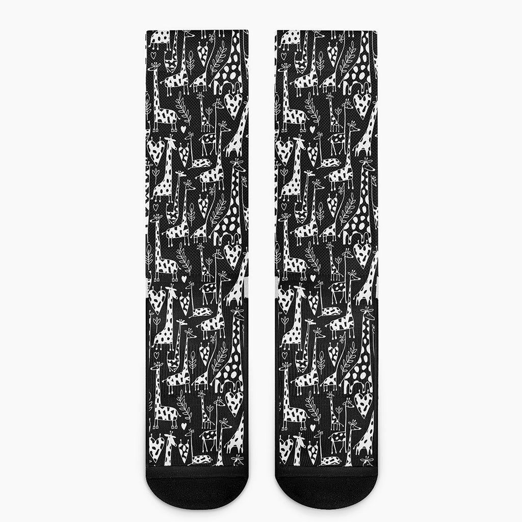 Black And White Cartoon Giraffe Print Crew Socks