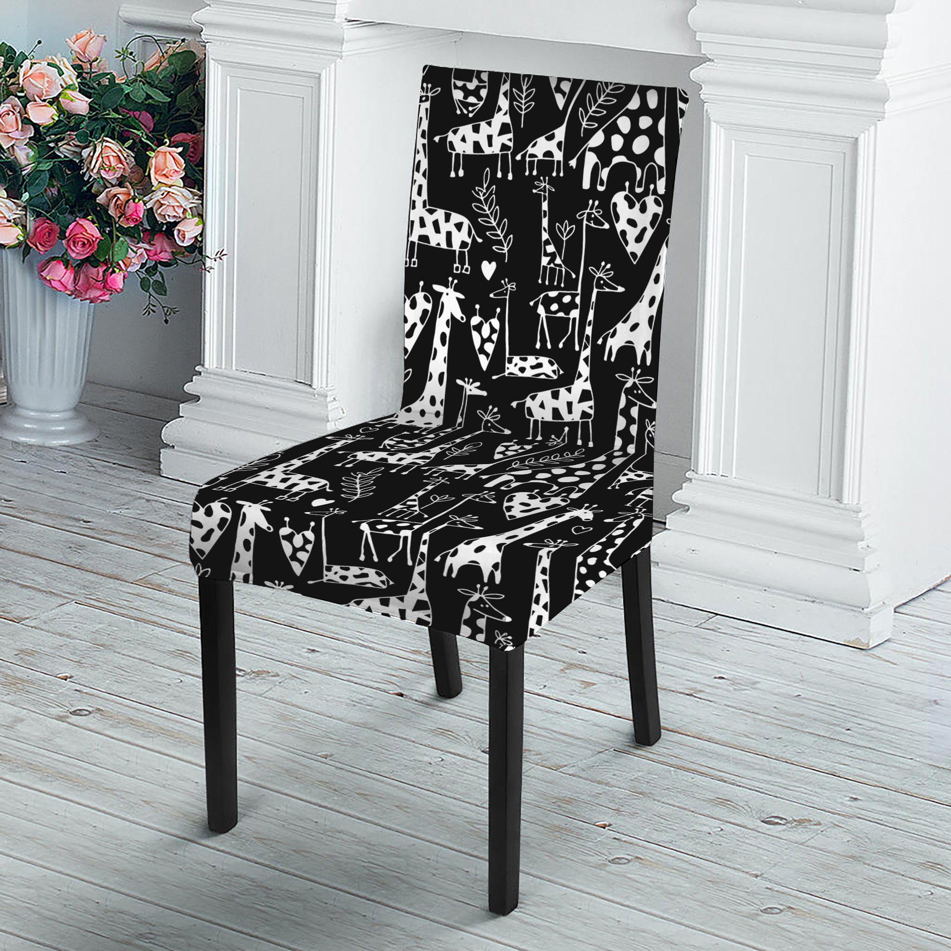 Black And White Cartoon Giraffe Print Dining Chair Slipcover