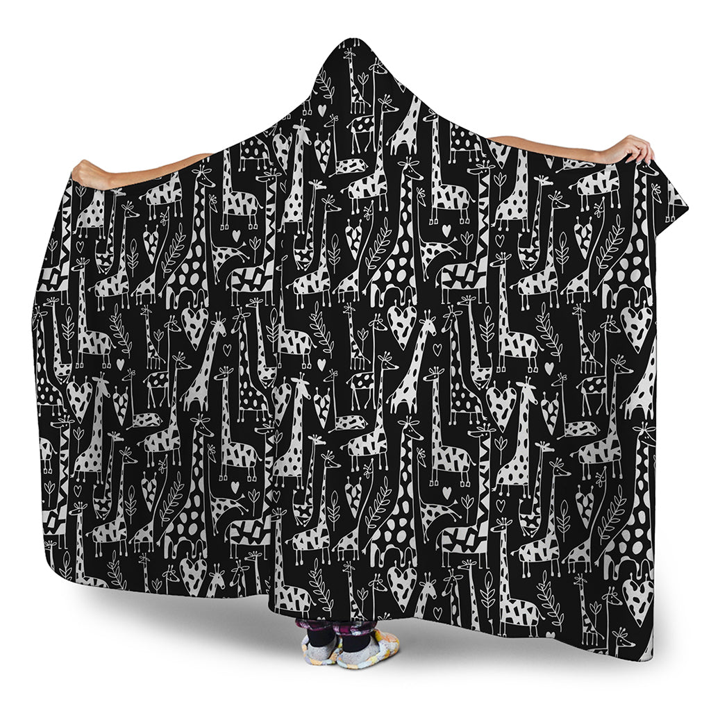 Black And White Cartoon Giraffe Print Hooded Blanket