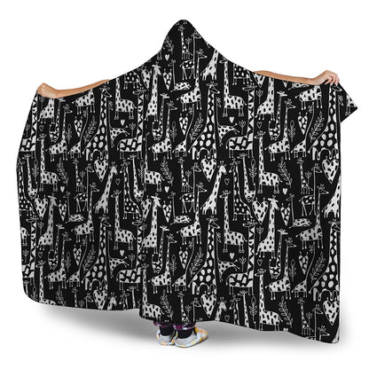 Black And White Cartoon Giraffe Print Hooded Blanket
