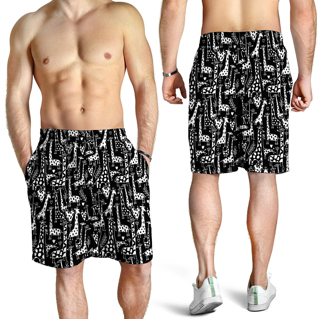 Black And White Cartoon Giraffe Print Men's Shorts