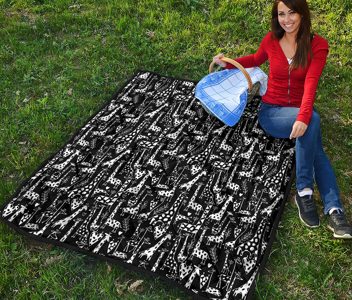 Black And White Cartoon Giraffe Print Quilt