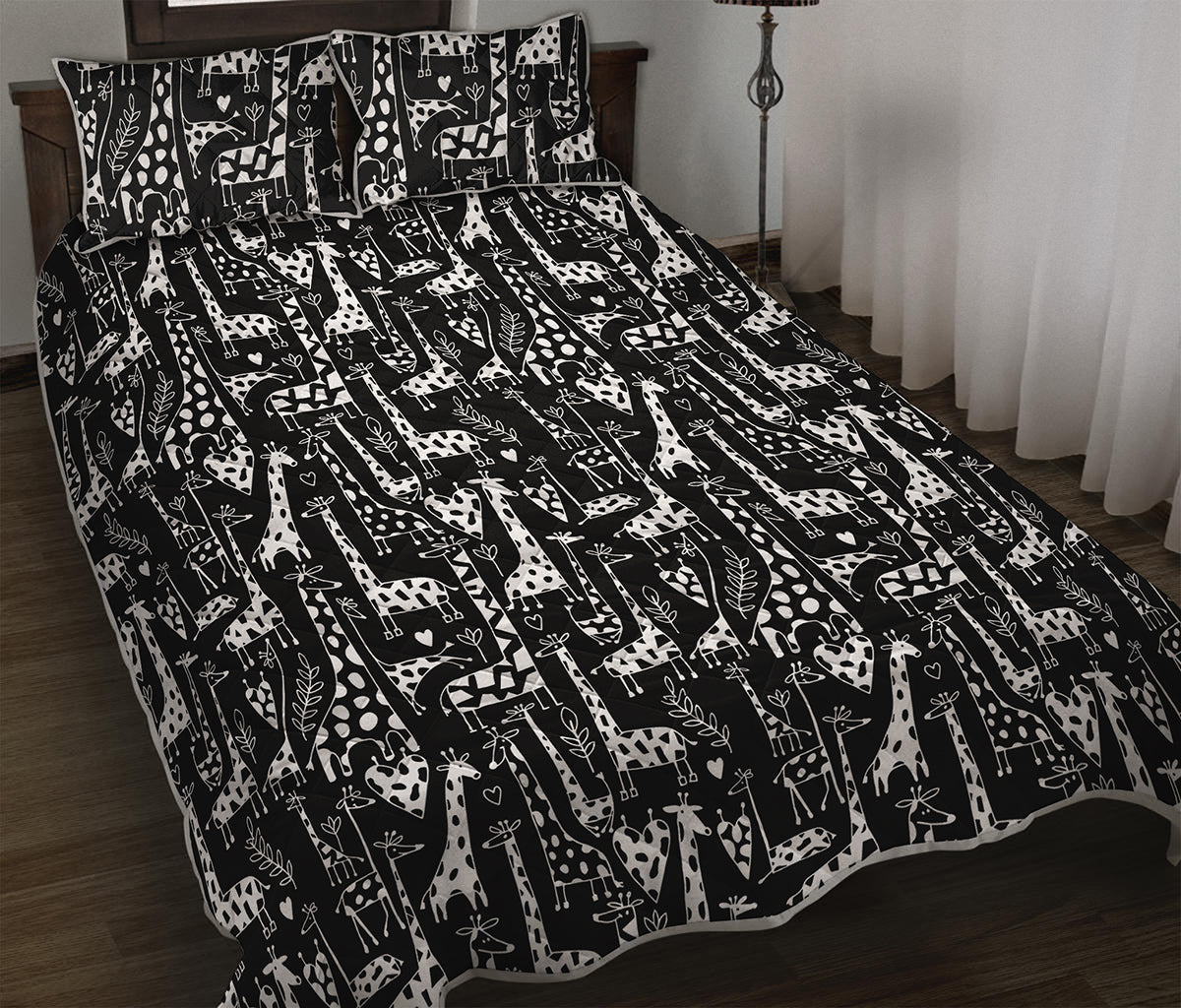 Black And White Cartoon Giraffe Print Quilt Bed Set