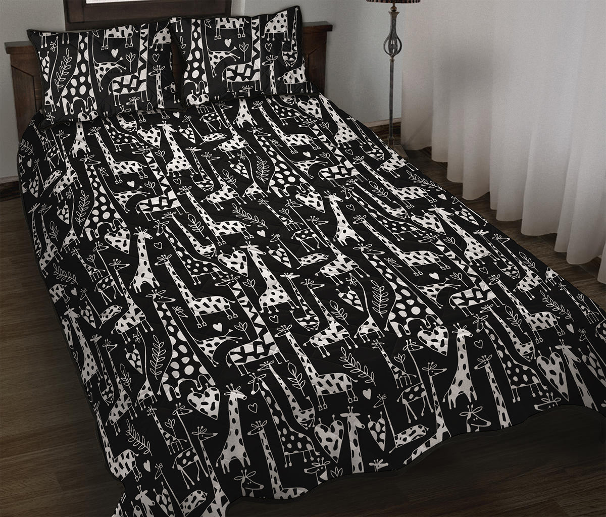 Black And White Cartoon Giraffe Print Quilt Bed Set