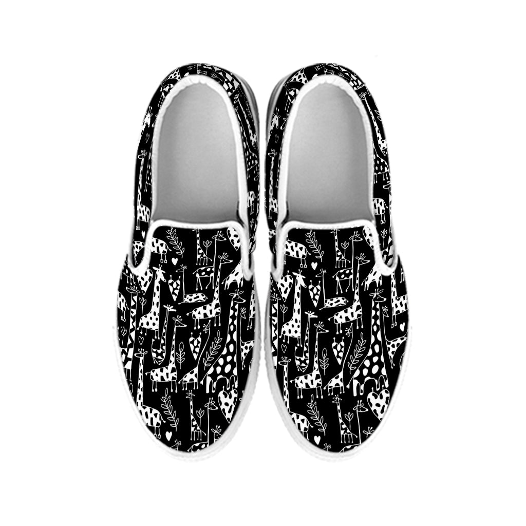 Black And White Cartoon Giraffe Print White Slip On Shoes
