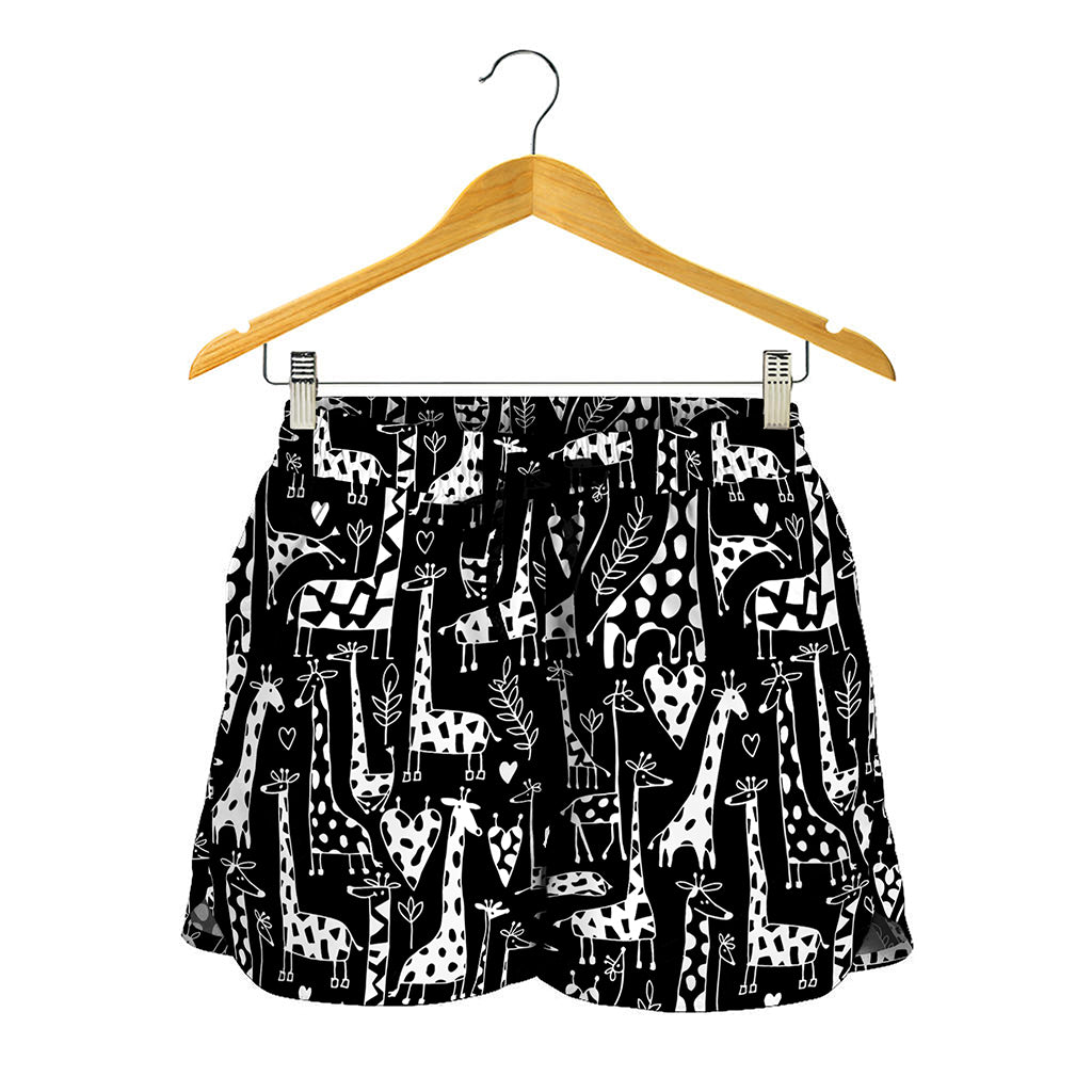 Black And White Cartoon Giraffe Print Women's Shorts