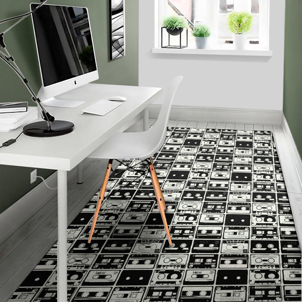 Black And White Cassette Tape Print Area Rug