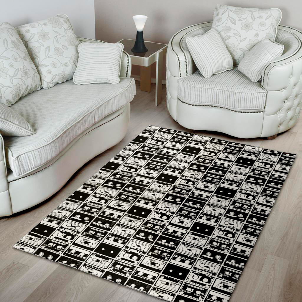 Black And White Cassette Tape Print Area Rug