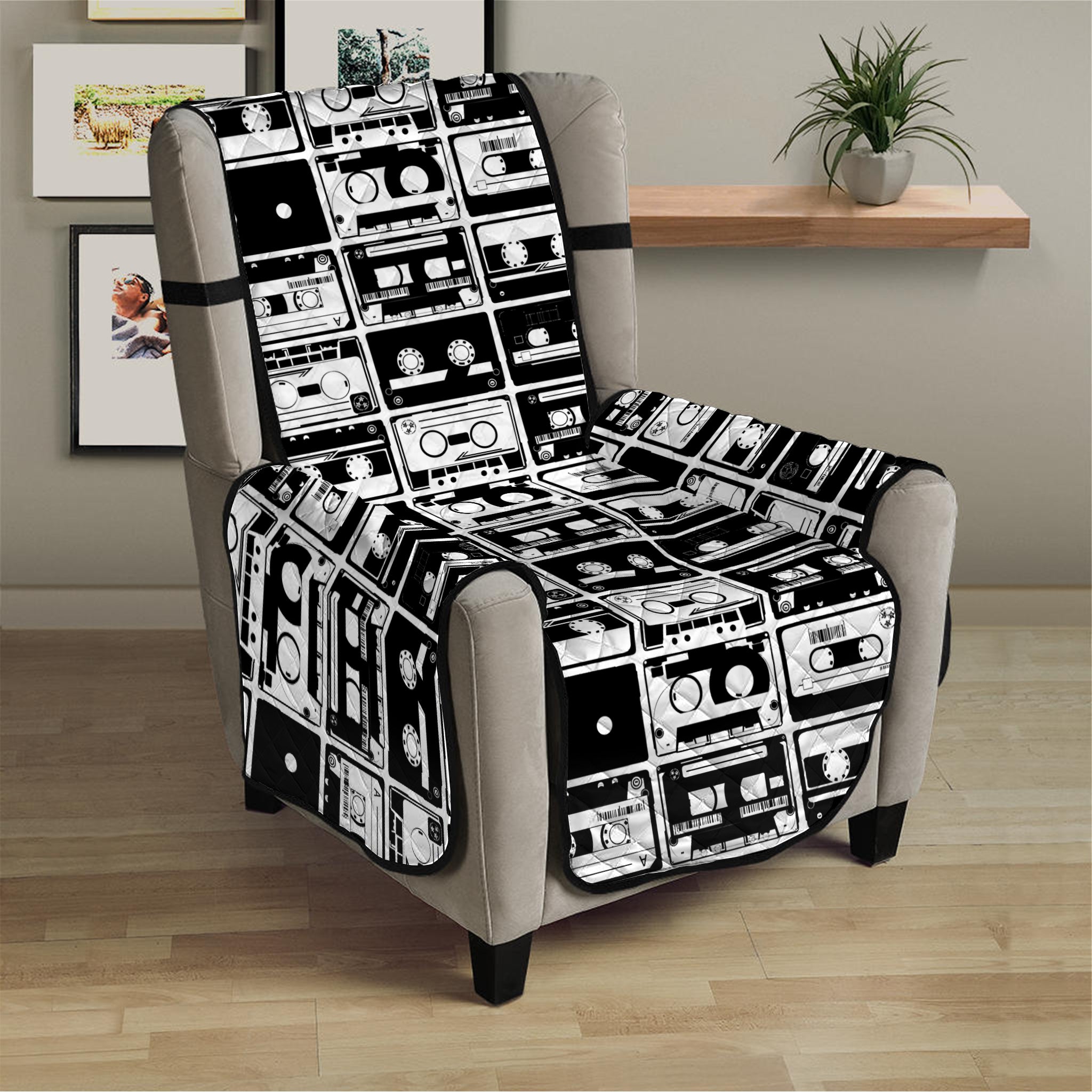 Black And White Cassette Tape Print Armchair Protector