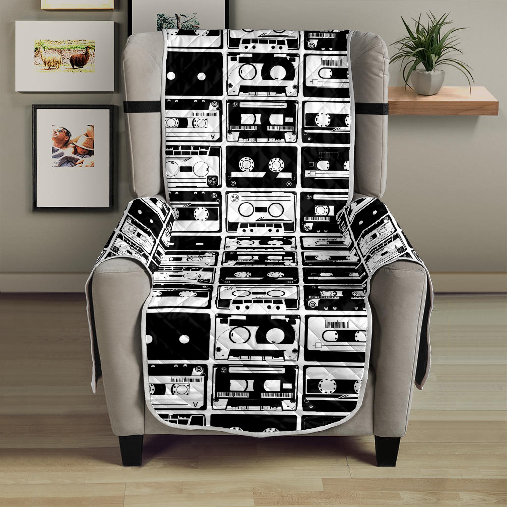 Black And White Cassette Tape Print Armchair Protector