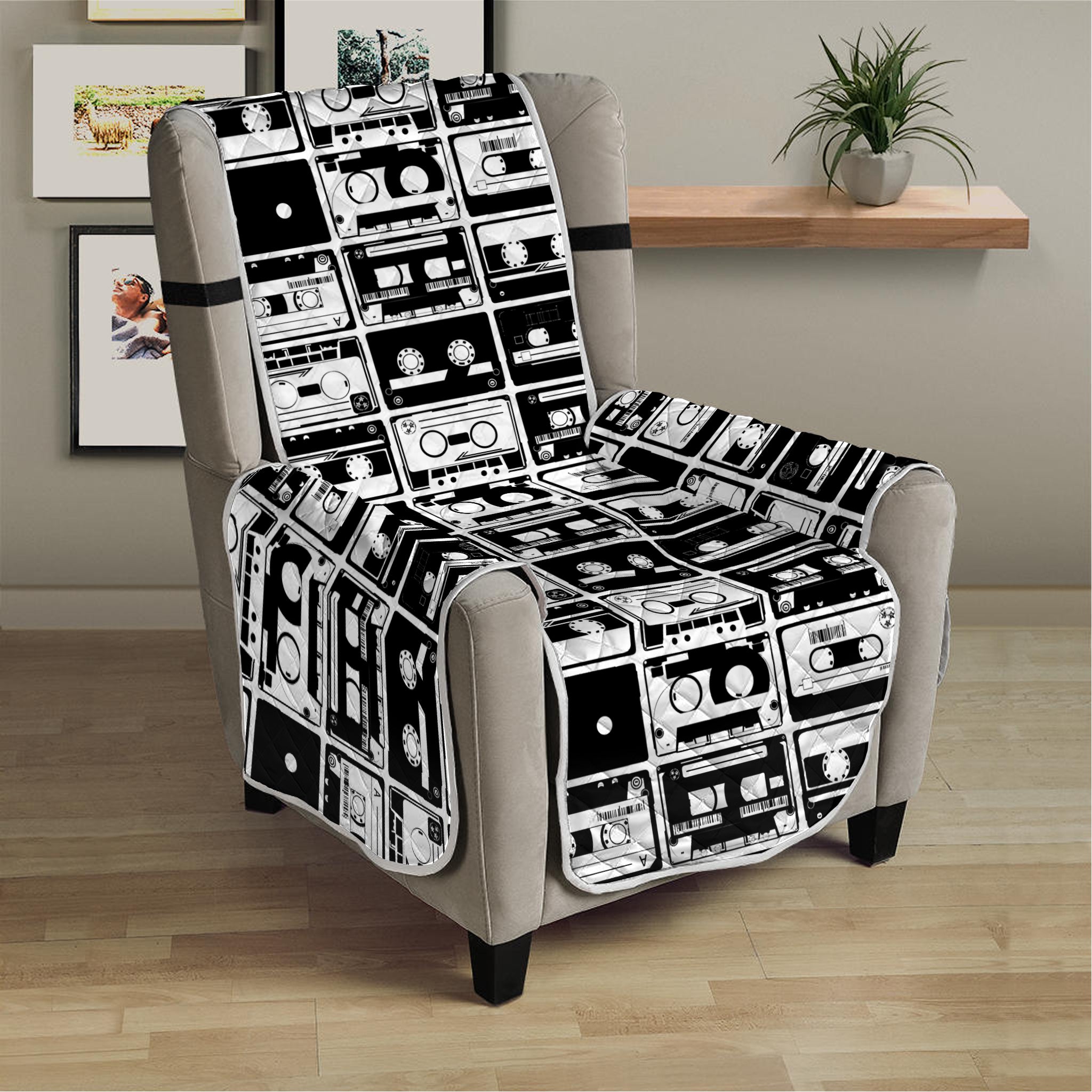 Black And White Cassette Tape Print Armchair Protector