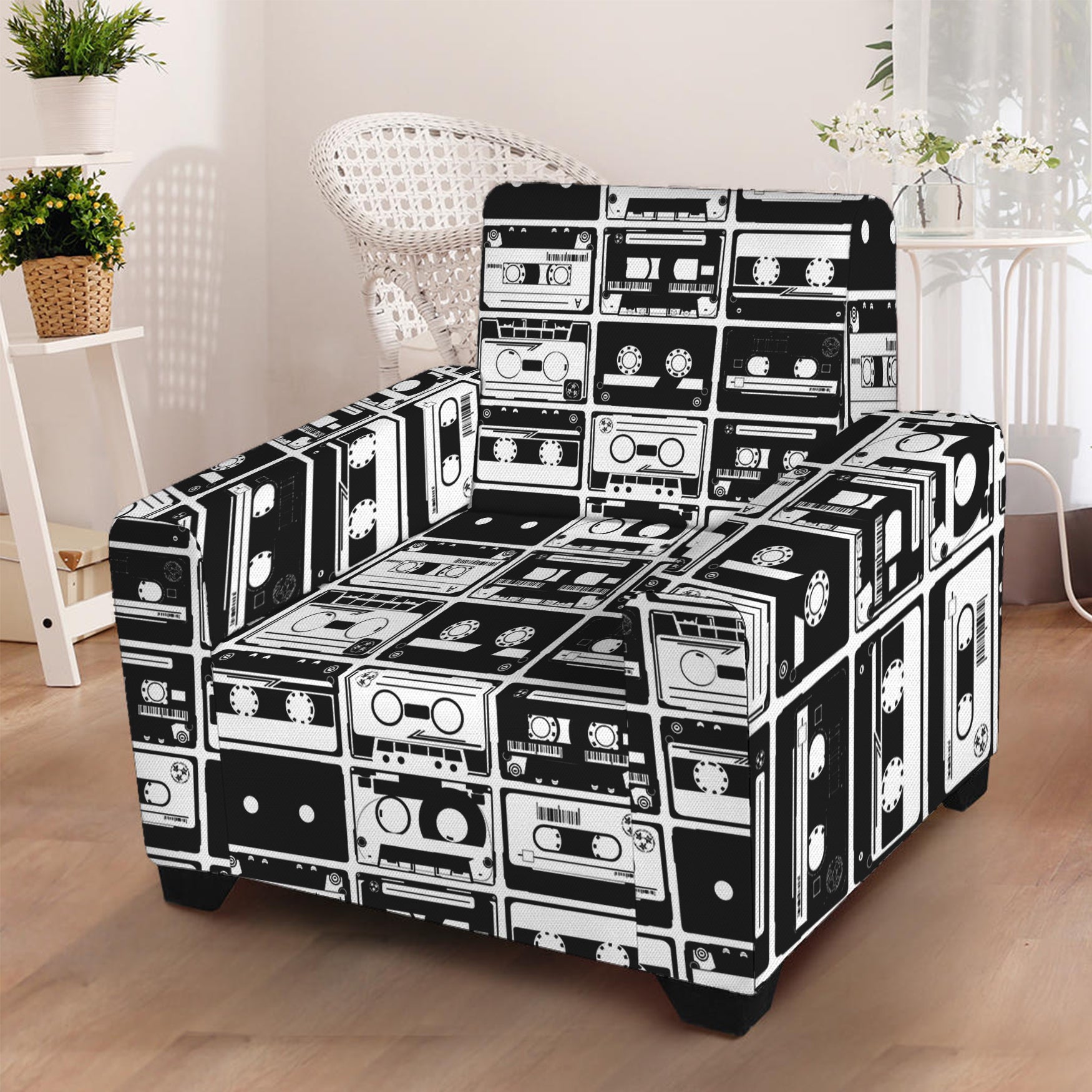 Black And White Cassette Tape Print Armchair Slipcover