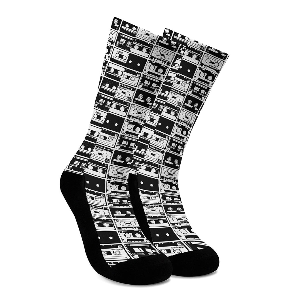 Black And White Cassette Tape Print Crew Socks