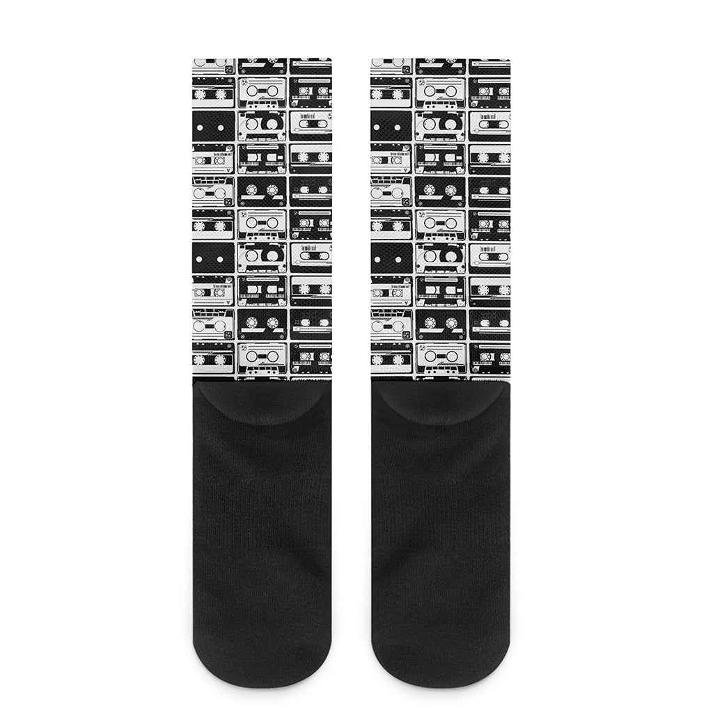 Black And White Cassette Tape Print Crew Socks