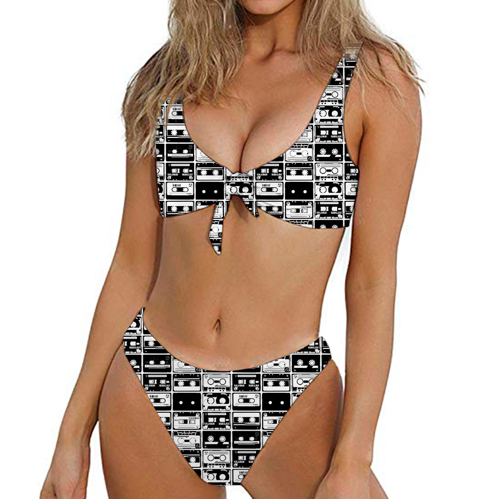 Black And White Cassette Tape Print Front Bow Tie Bikini