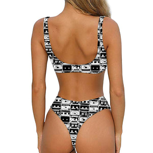 Black And White Cassette Tape Print Front Bow Tie Bikini