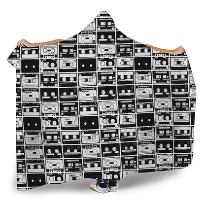 Black And White Cassette Tape Print Hooded Blanket