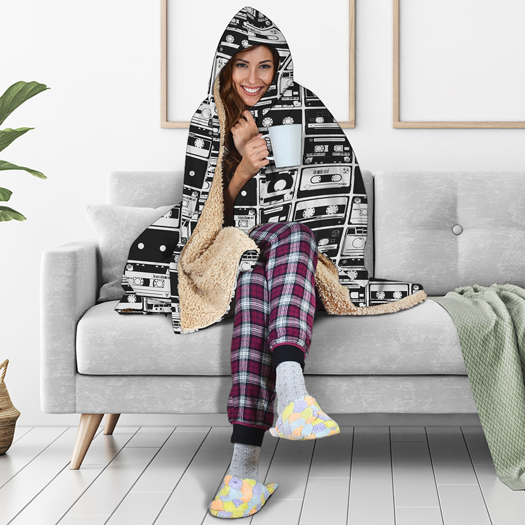 Black And White Cassette Tape Print Hooded Blanket