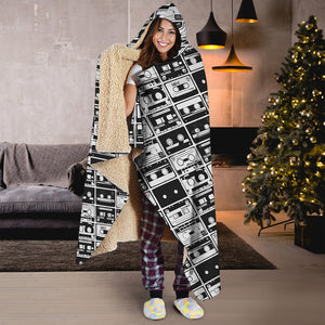 Black And White Cassette Tape Print Hooded Blanket