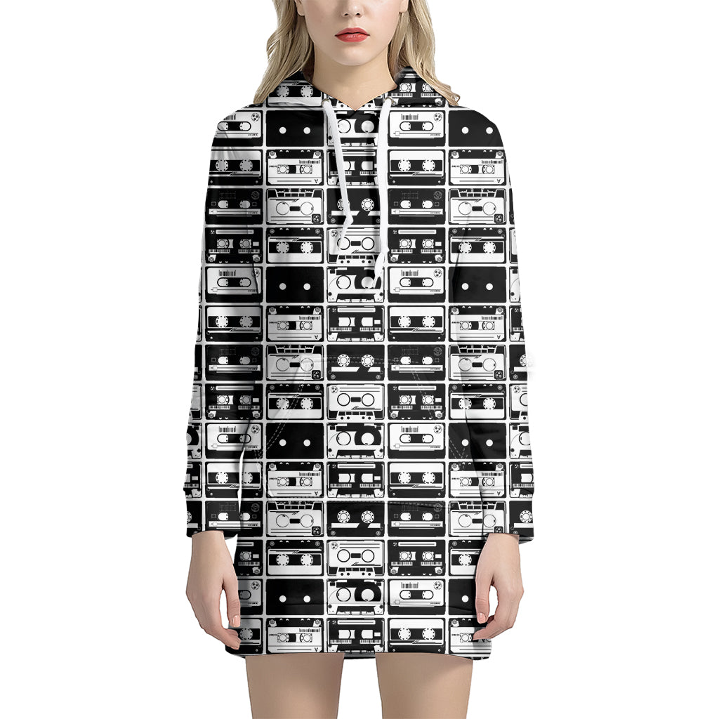 Black And White Cassette Tape Print Hoodie Dress