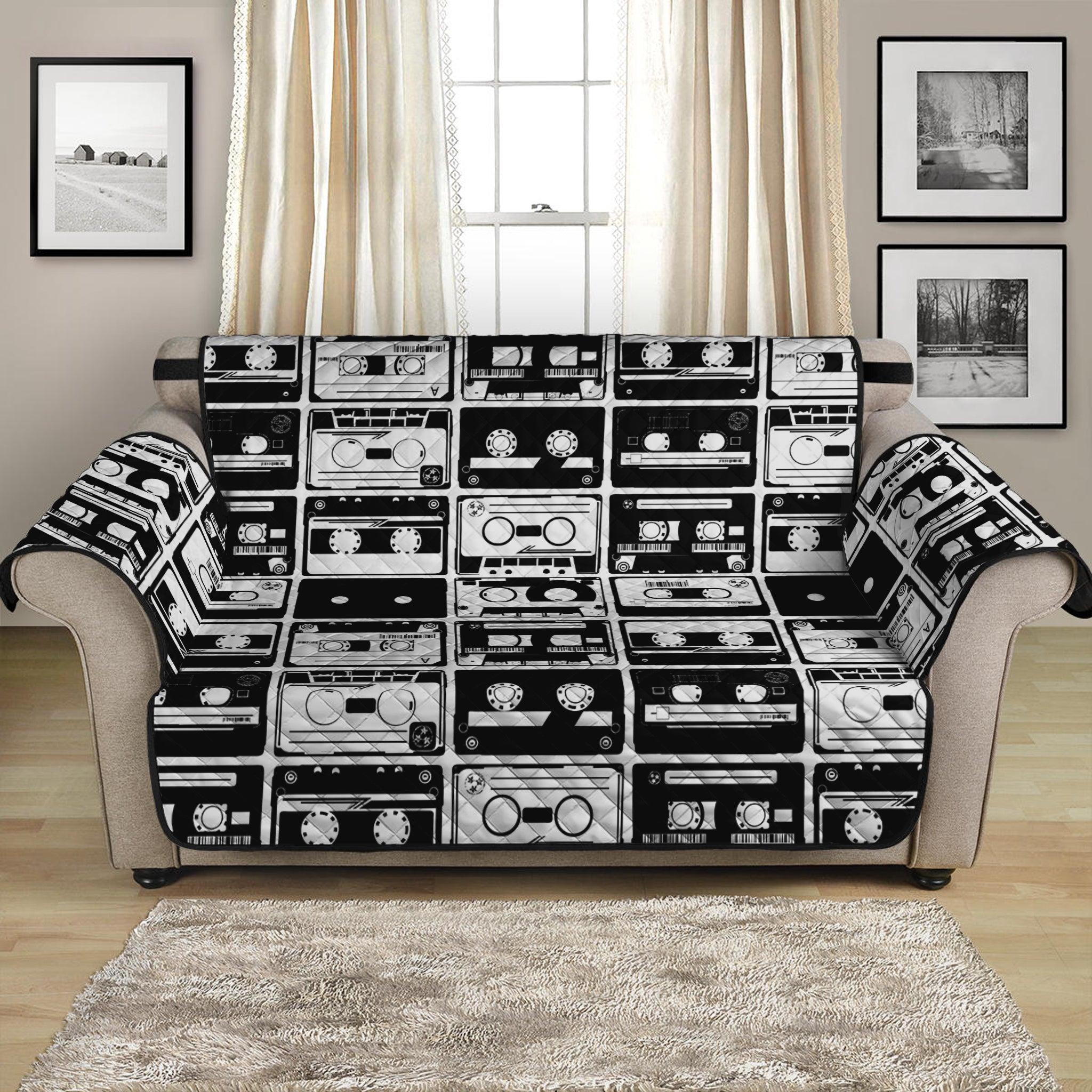 Black And White Cassette Tape Print Loveseat Protector