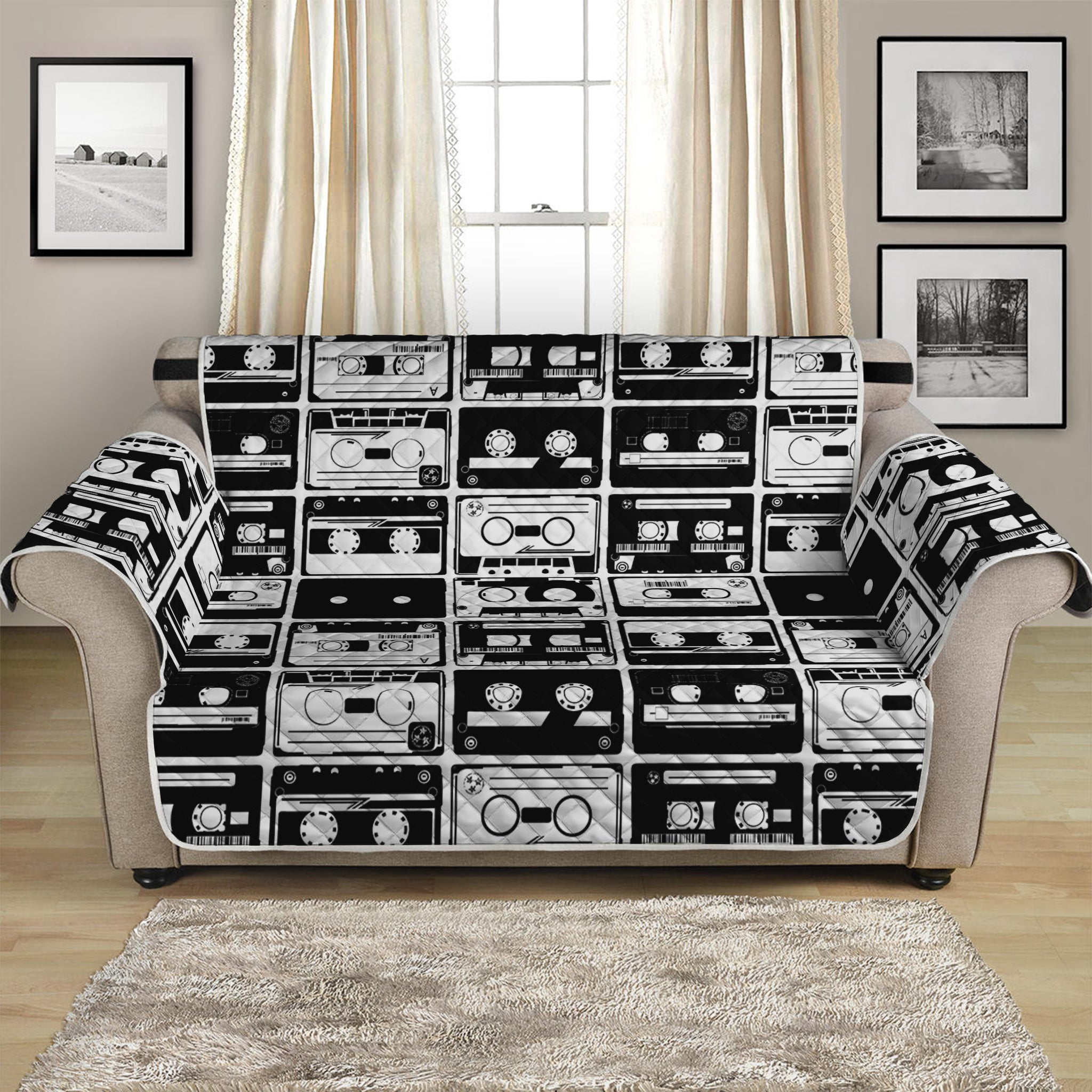 Black And White Cassette Tape Print Loveseat Protector