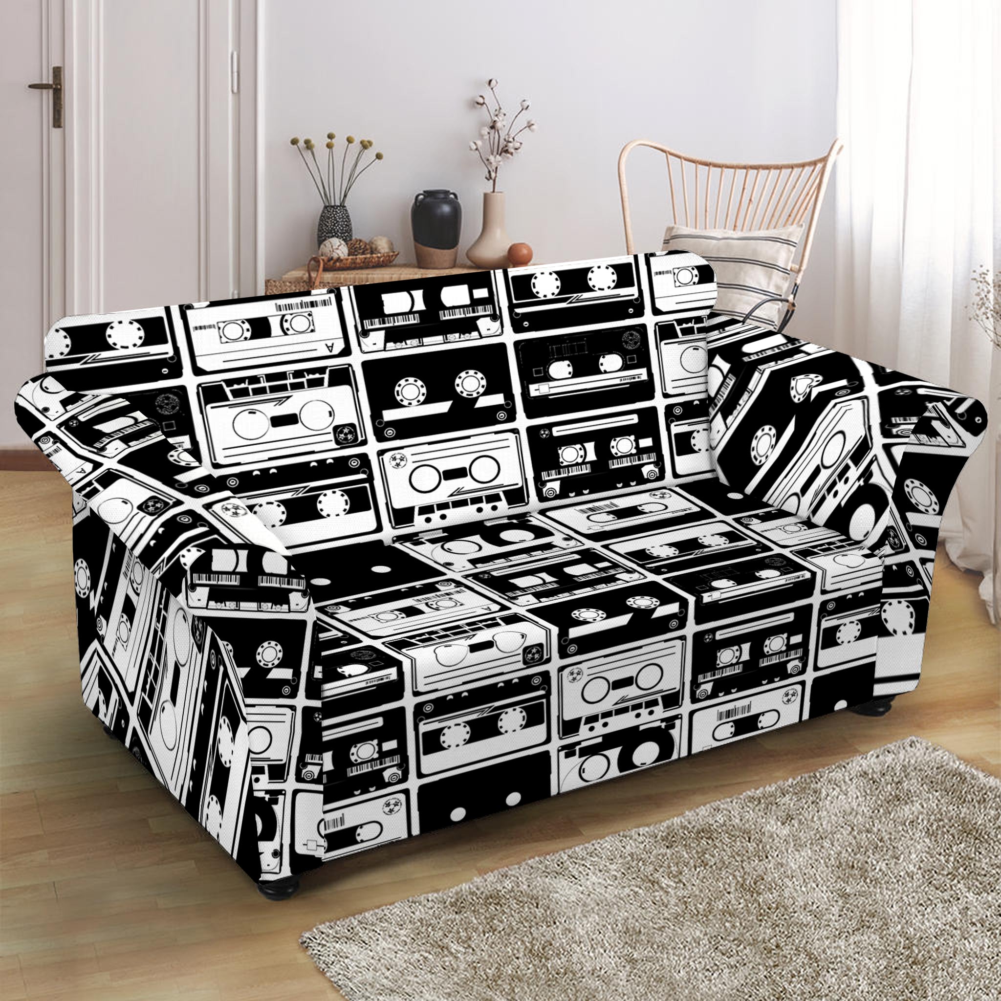 Black And White Cassette Tape Print Loveseat Slipcover