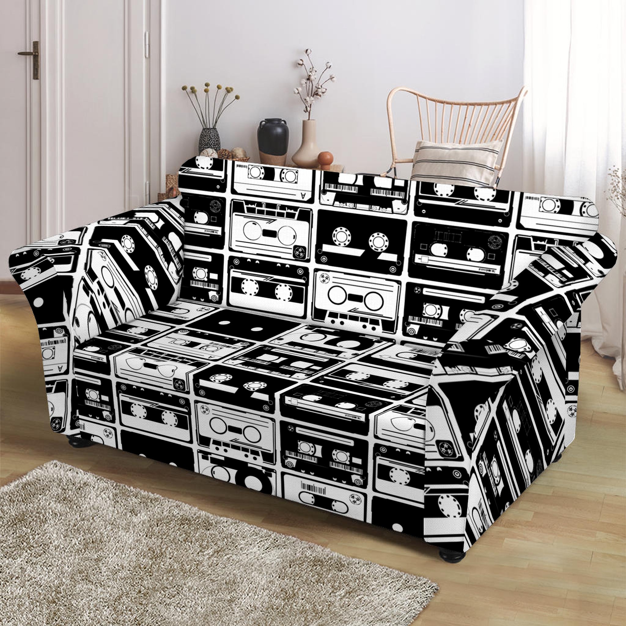 Black And White Cassette Tape Print Loveseat Slipcover