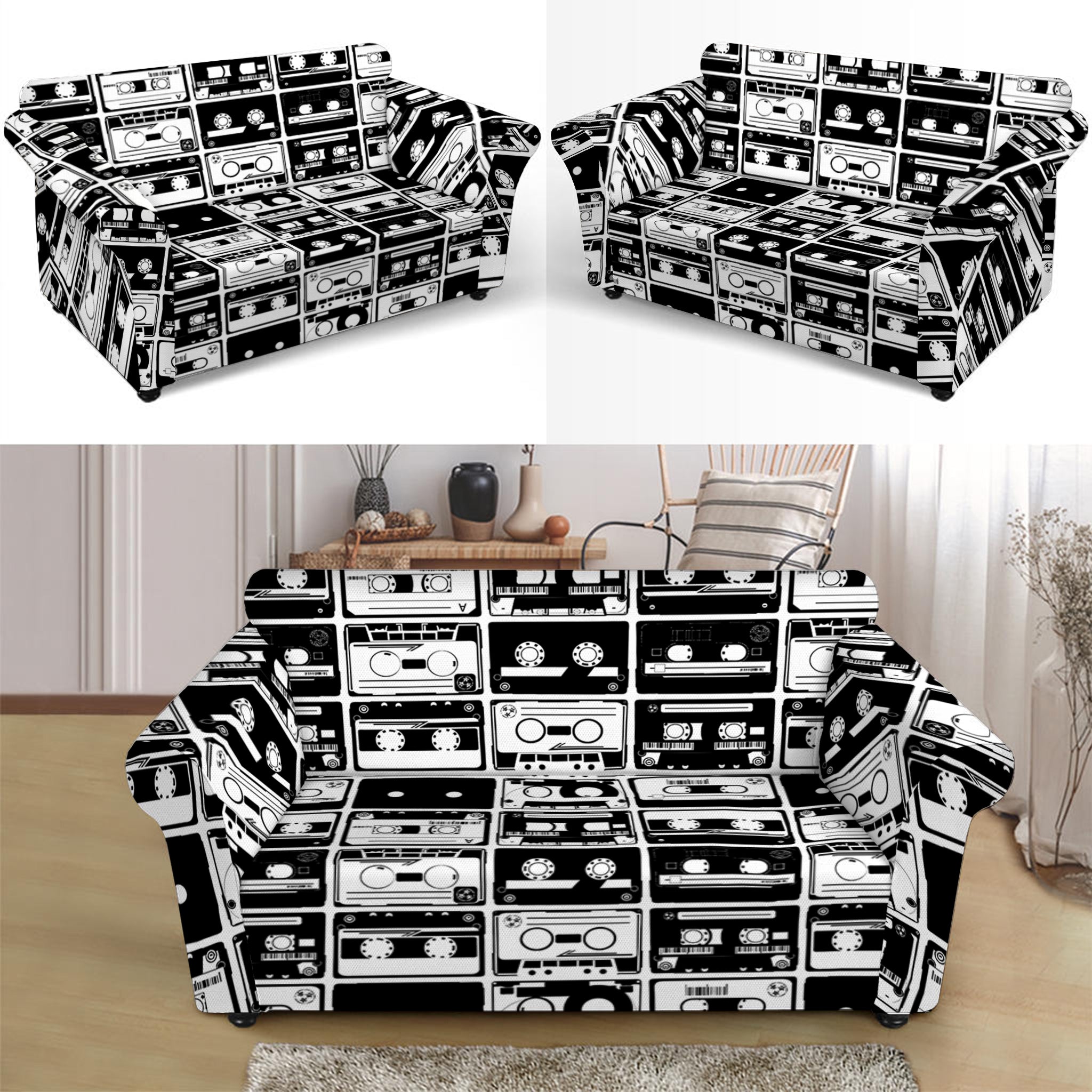 Black And White Cassette Tape Print Loveseat Slipcover