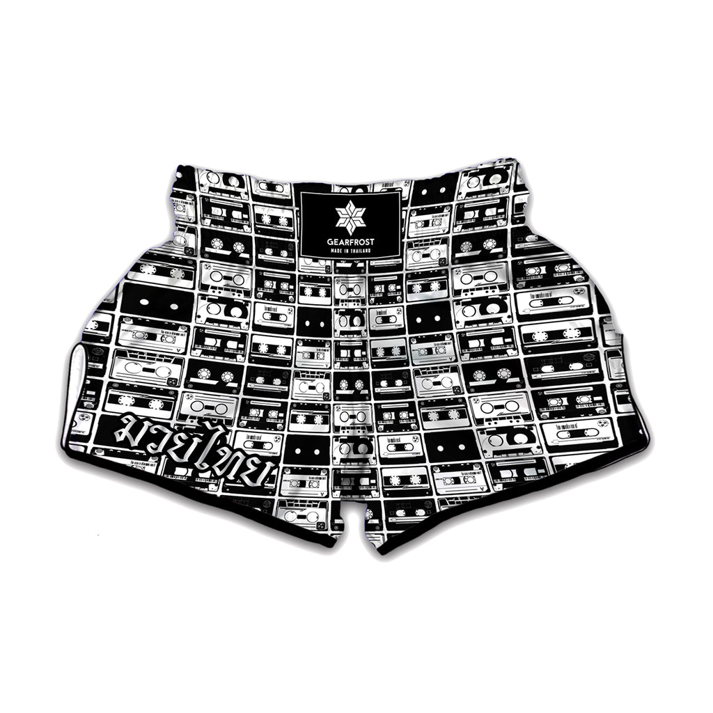 Black And White Cassette Tape Print Muay Thai Boxing Shorts