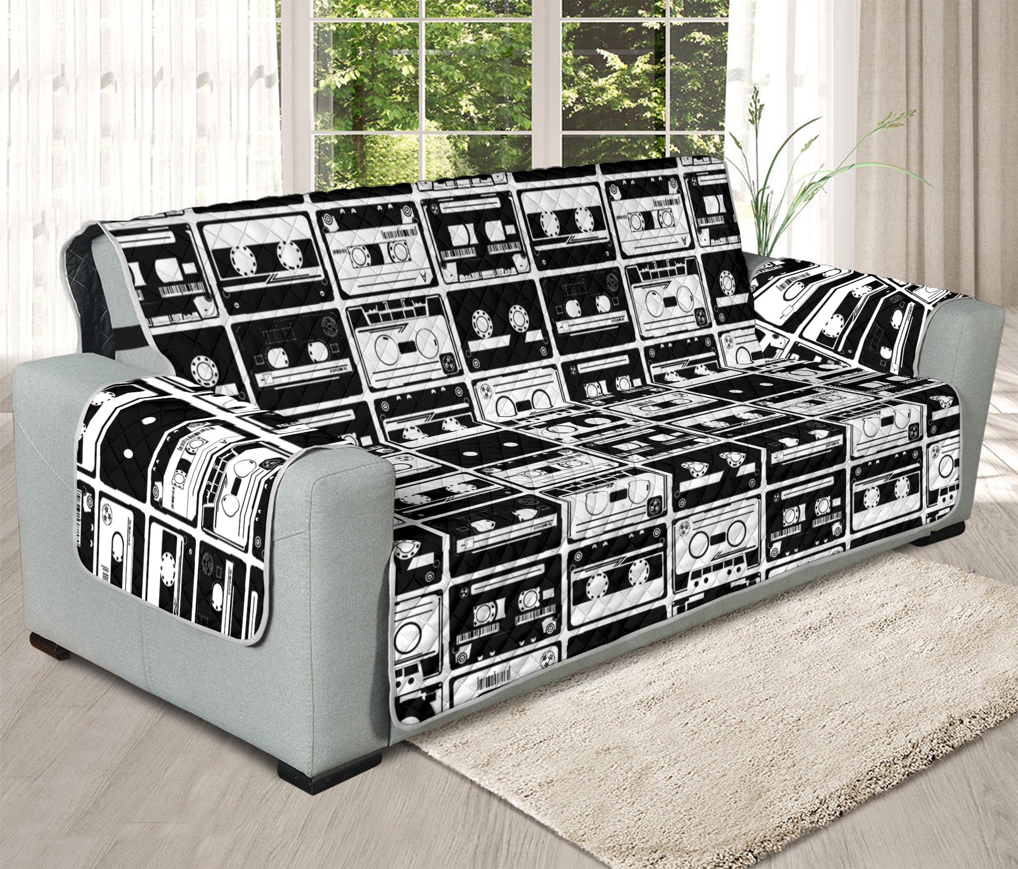 Black And White Cassette Tape Print Oversized Sofa Protector