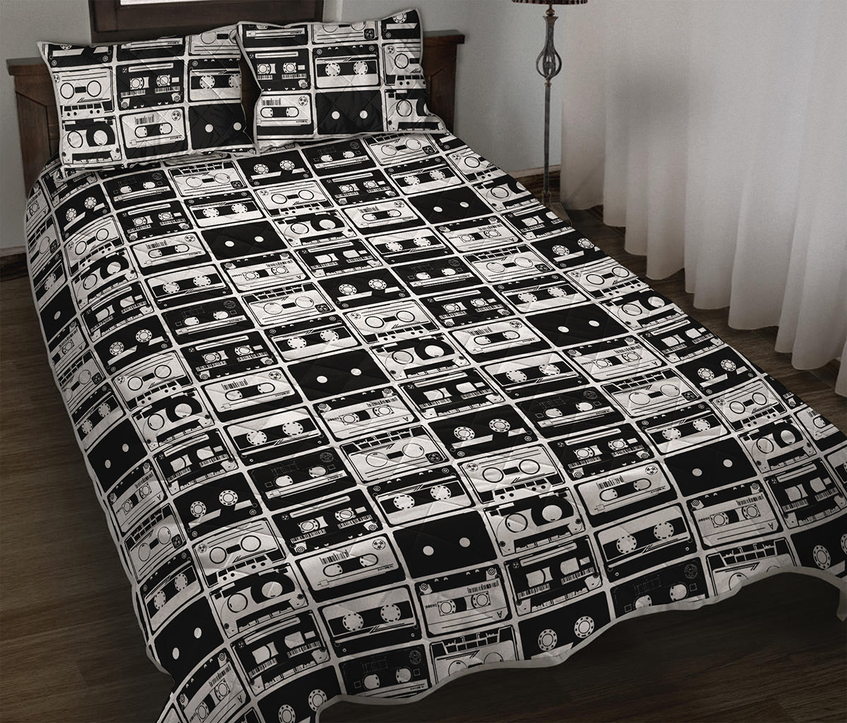 Black And White Cassette Tape Print Quilt Bed Set