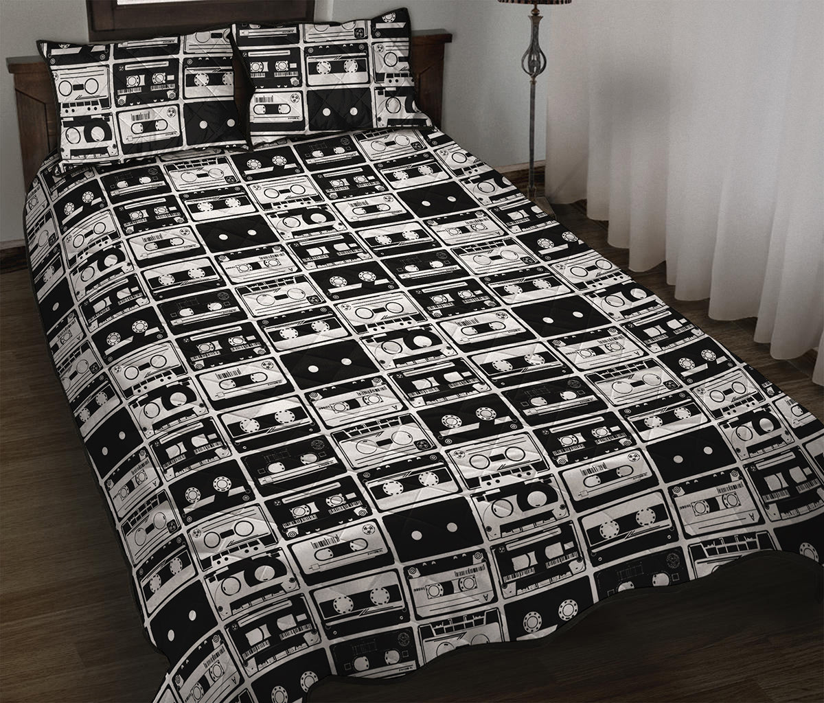 Black And White Cassette Tape Print Quilt Bed Set