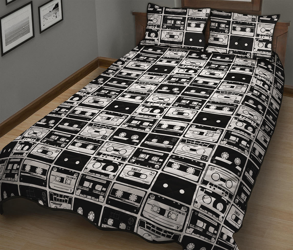 Black And White Cassette Tape Print Quilt Bed Set