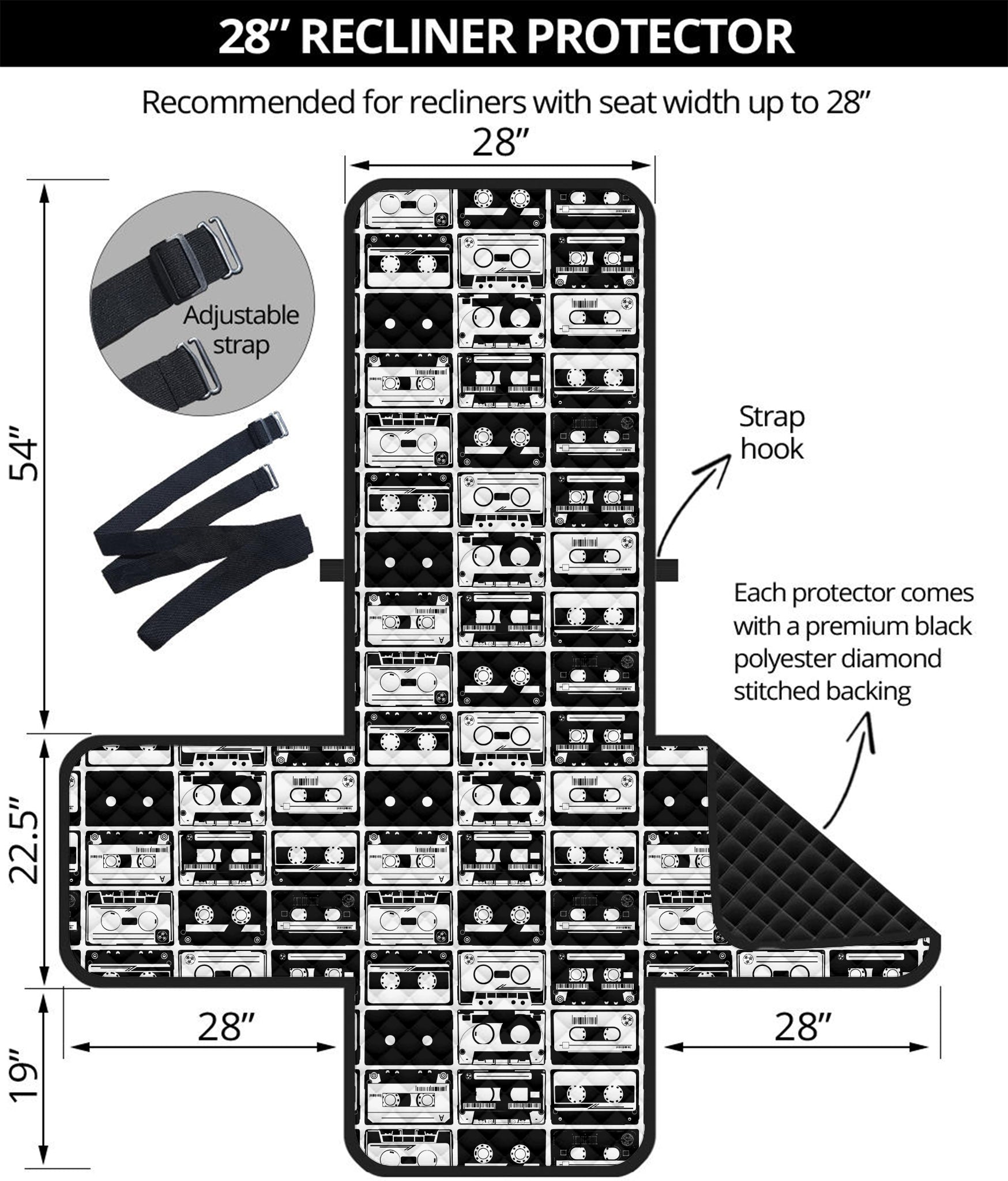 Black And White Cassette Tape Print Recliner Protector