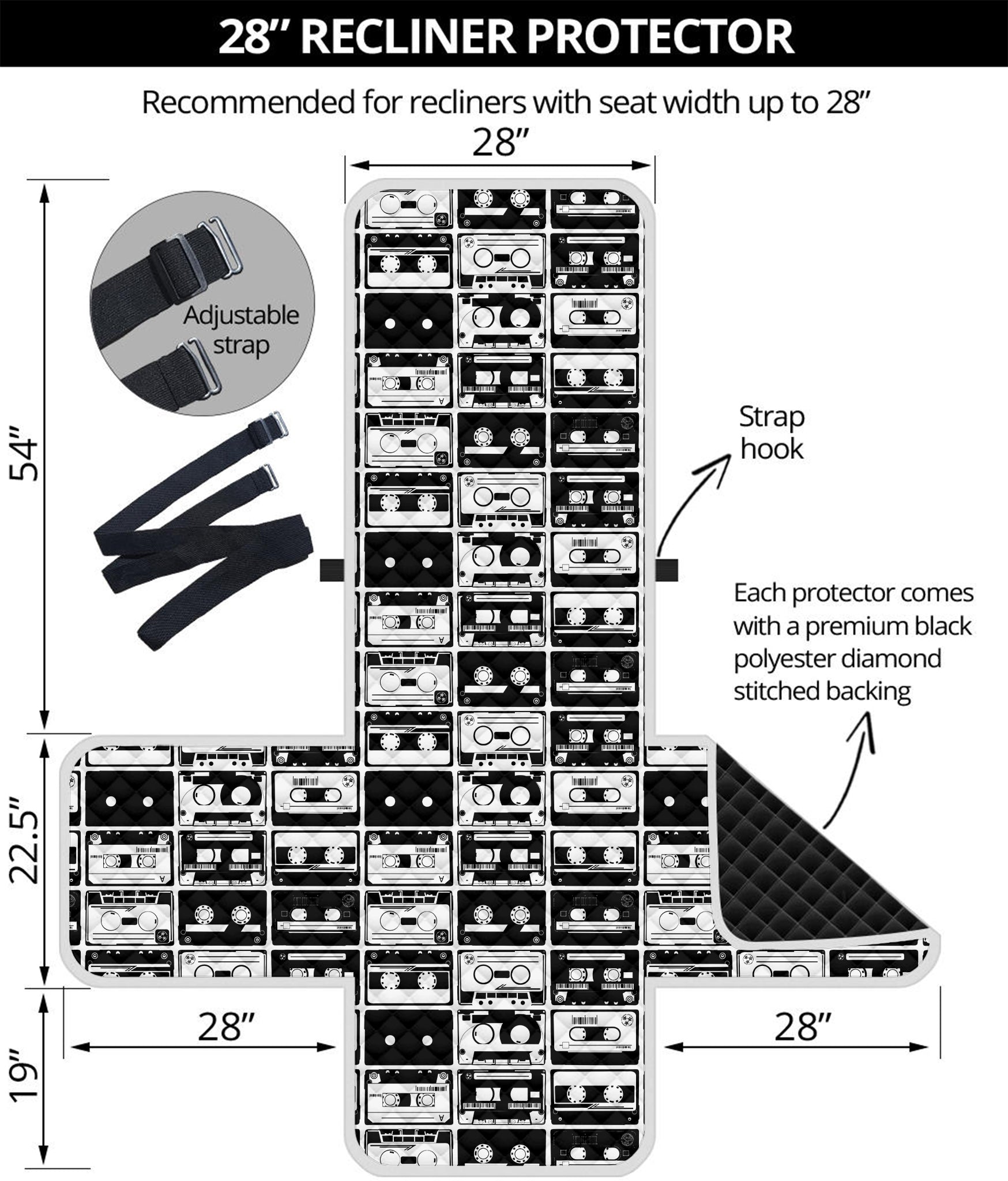 Black And White Cassette Tape Print Recliner Protector