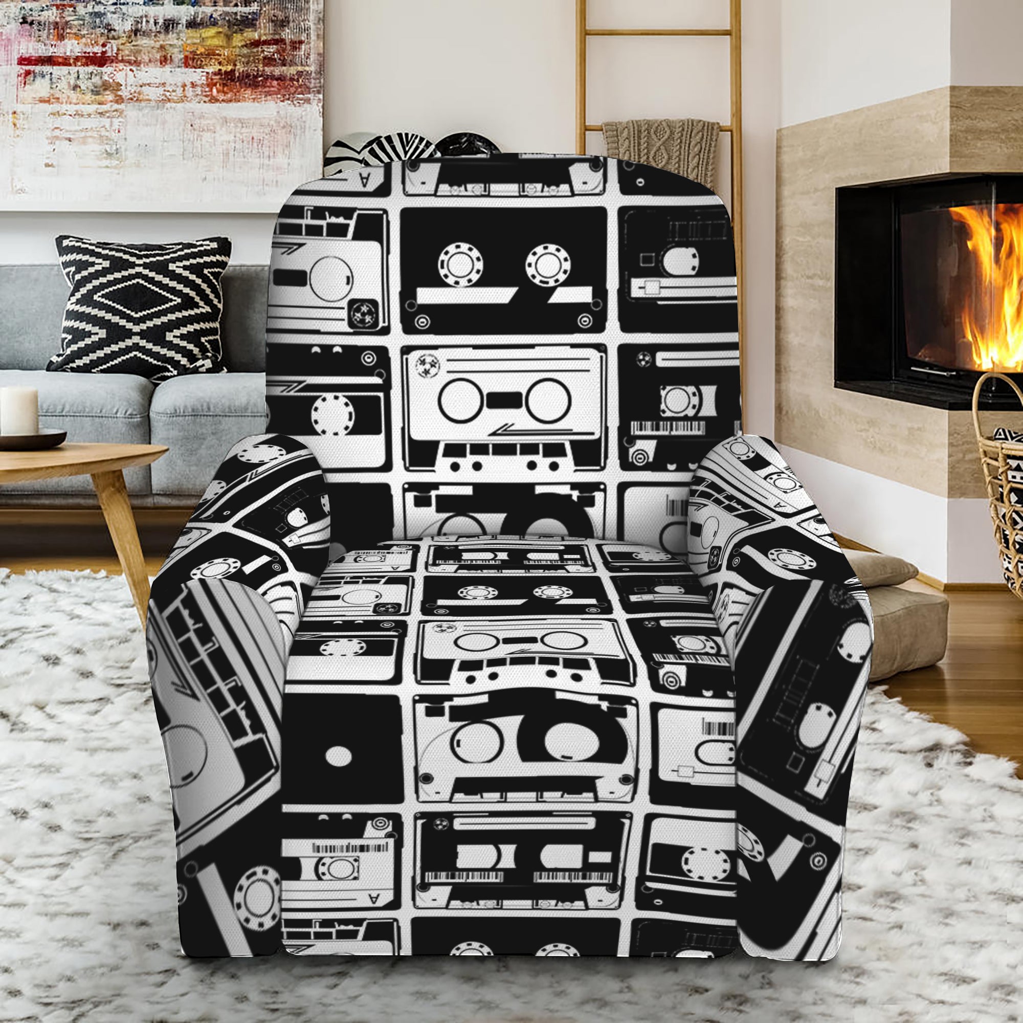 Black And White Cassette Tape Print Recliner Slipcover