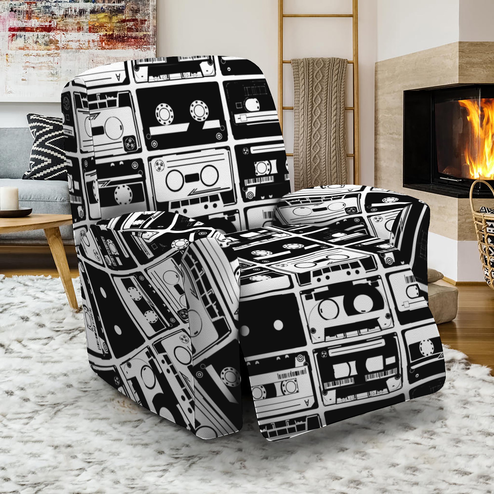 Black And White Cassette Tape Print Recliner Slipcover