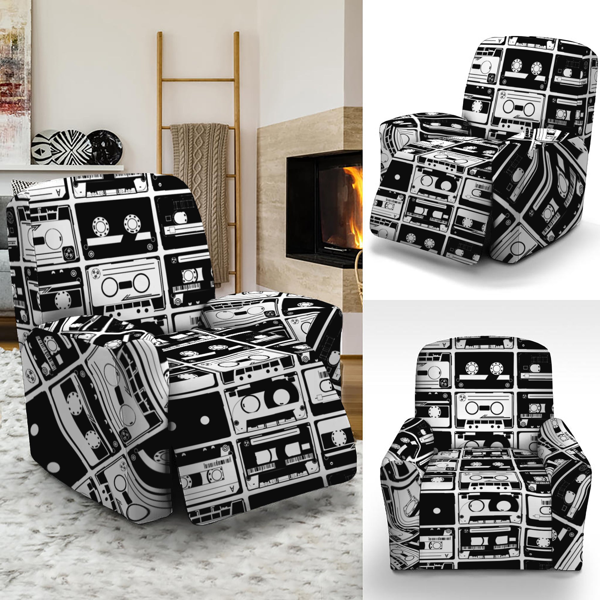 Black And White Cassette Tape Print Recliner Slipcover