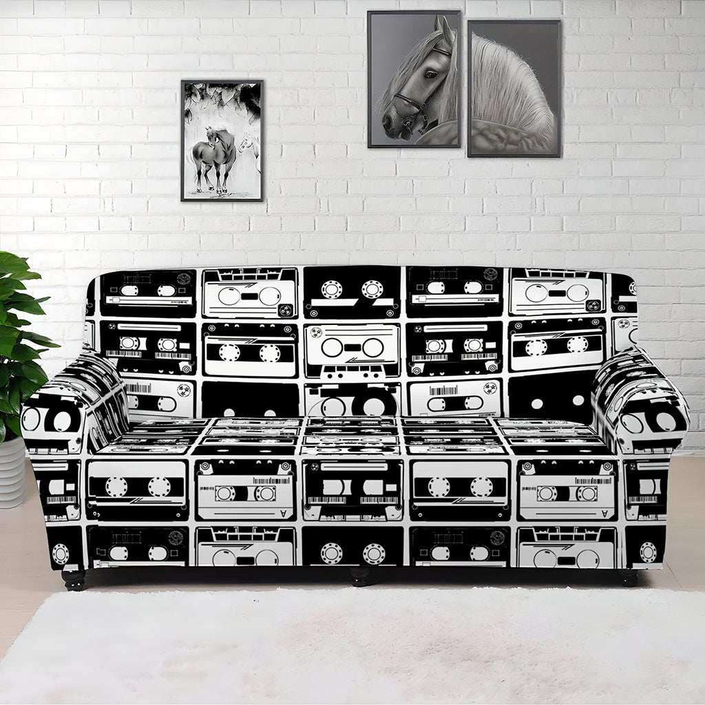 Black And White Cassette Tape Print Sofa Cover