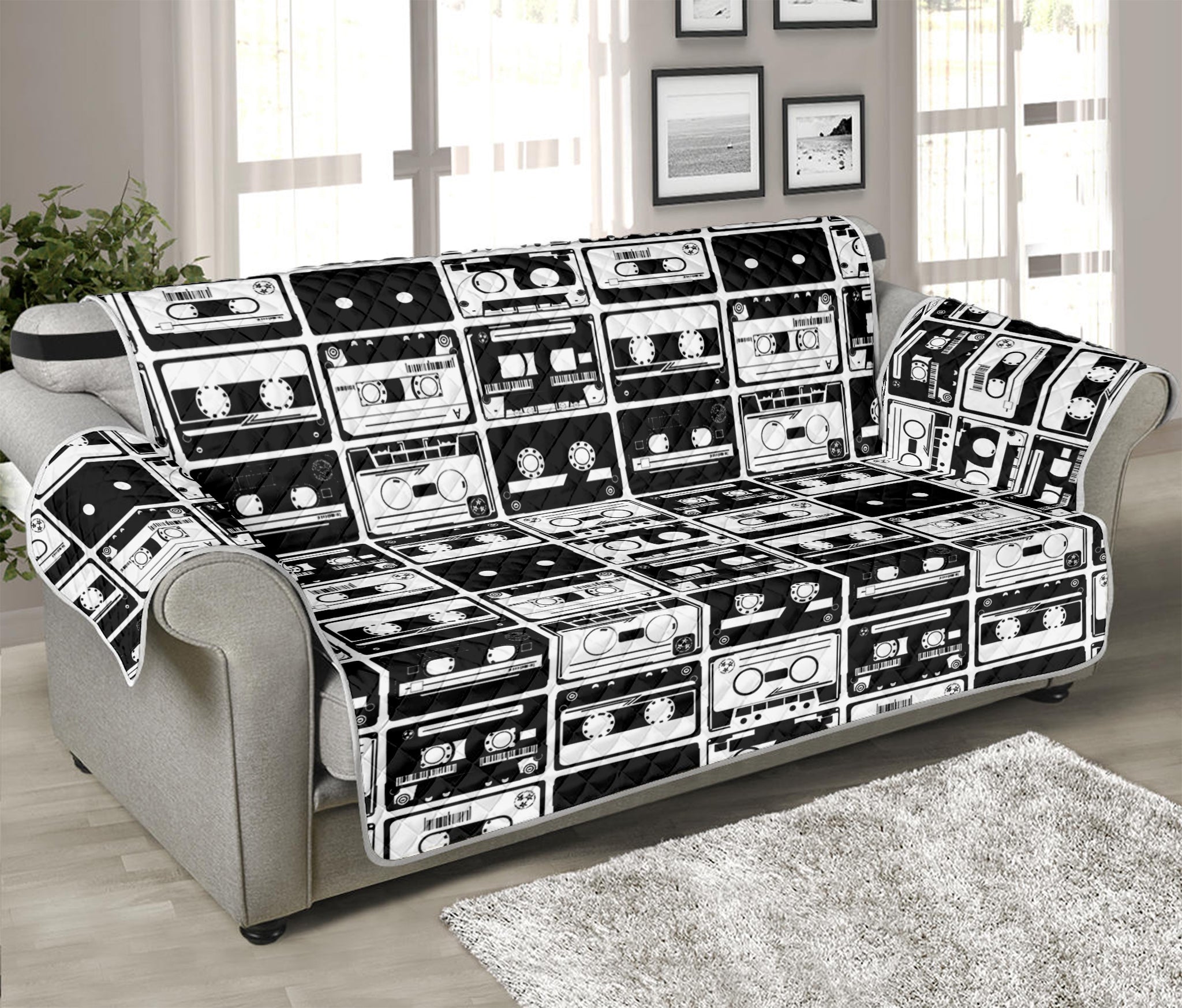 Black And White Cassette Tape Print Sofa Protector