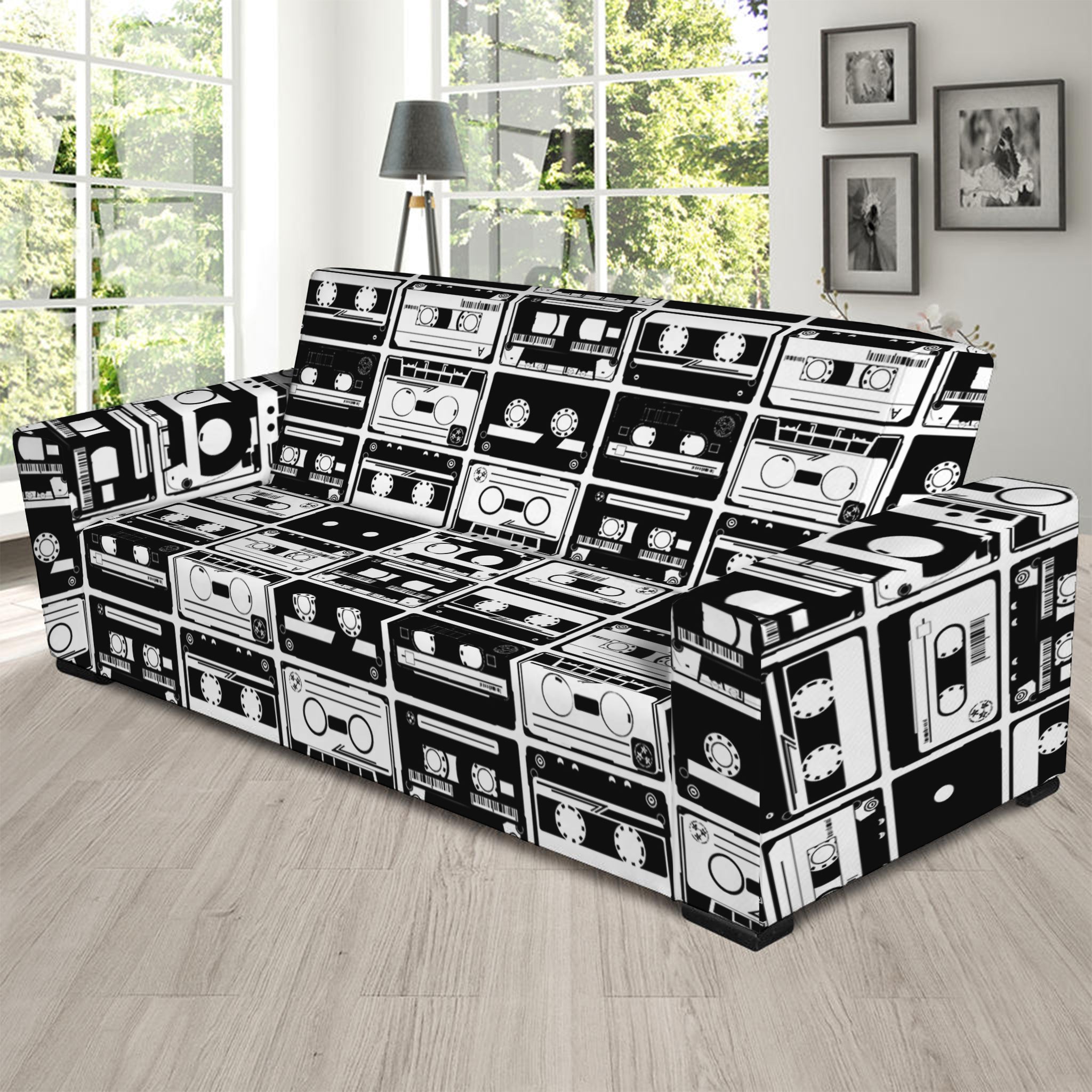 Black And White Cassette Tape Print Sofa Slipcover