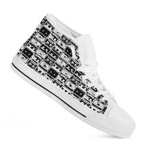 Black And White Cassette Tape Print White High Top Shoes